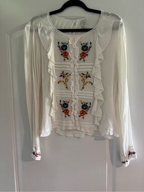 WORN White Embroidered Ruffle Boho Blouse US 10 Anthropologie